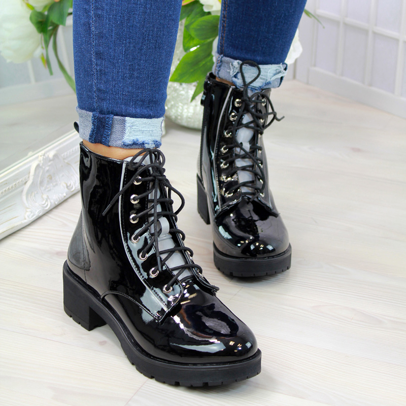 Women Motorcycle Boots Autumn Fashion Patent PU Round Toe Lace-up Combat Shoes women shoes Ladies Snow Office Boots dropshipping 200916