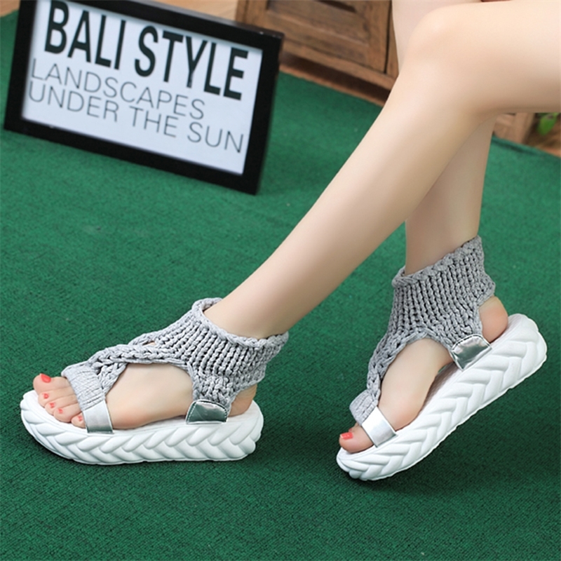 Women Gladiator Sandals Summer Flat Wool Shoes Thick-bottomed Knitting Sandals Solid Ladies Platform Sandalias Zapatos Mujer Y200620