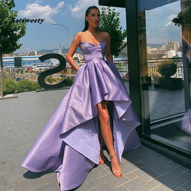 Lavender High Low Prom Dresses Simple Satin Sweetheart Neckline Formal Party Gowns Short Front Long Back Abendkleider Prom Gowns от DHgate WW