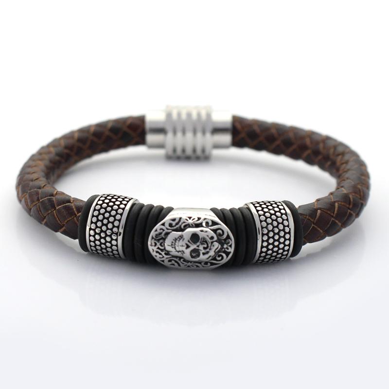 Men Bangles 8MM Genuine Braided Leather Bracelet Never Fade 316 Stainless steel Skull Charms Bead Bracelets with Magnet Clasp
Men Bangles 8MM Genuine Braided Leather Bracelet Never Fade 316 Stainless steel Skull Charms Bead Bracelets with Magnet Clasp