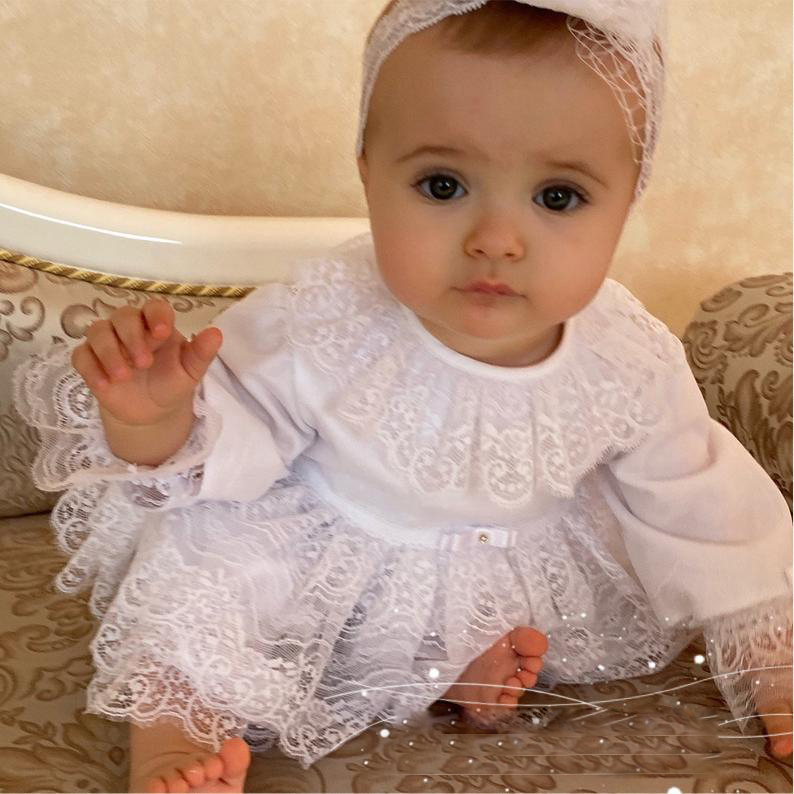 2021 Cute Baby Christening Gowns For Little Girls Long Sleeve Appliques Baptism Dresses With Bonnet First Communication Dress