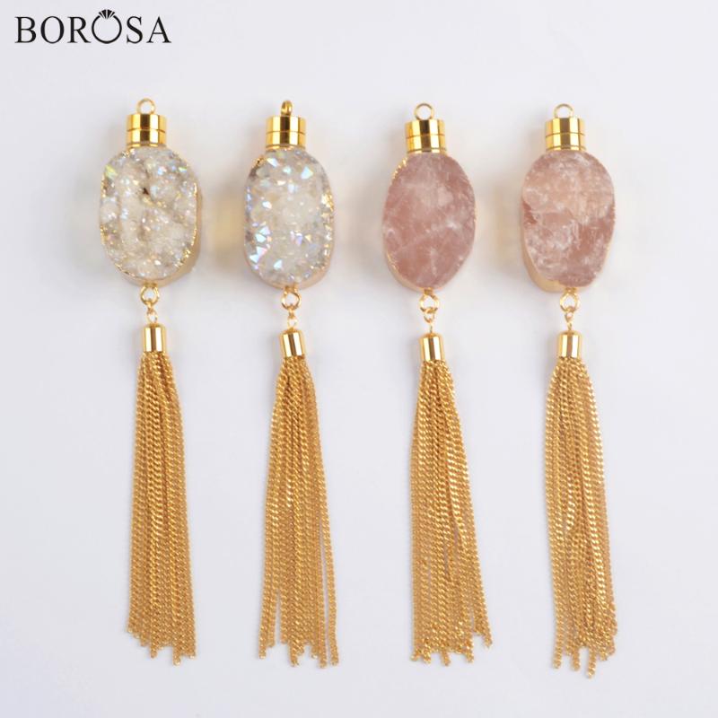 Pendant Necklaces BOROSA Gold Plating Natural Agates Druzy Long Tassels Necklace Rose Crystal Quartz Charms For Women G1981
Pendant Necklaces BOROSA Gold Plating Natural Agates Druzy Long Tassels Necklace Rose Crystal Quartz Charms For Women G1981