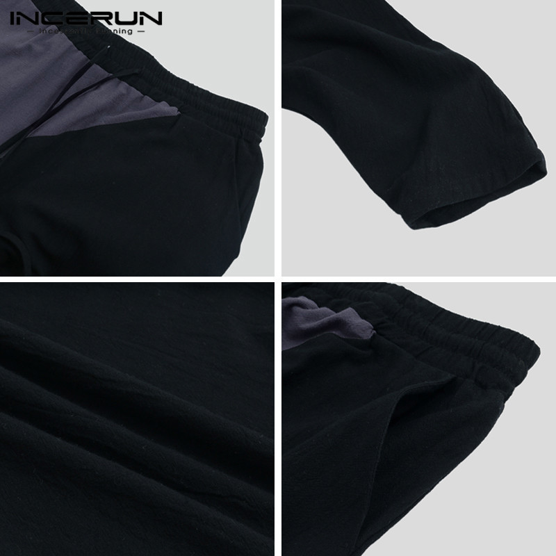INCERUN Men Harem Pants Patchwork Elastic Waist Joggers Retro Baggy Cotton Trousers Men Casual Drop Crotch Pants Streetwear 200925
