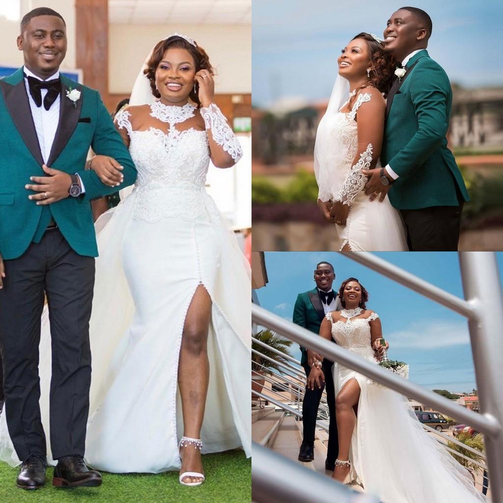 Elegant Black Girls Wedding Dresses Plus Size Long Sleeve Overskirt Mermaid Bridal Gowns Side Slit Lace Wedding Dress robes de mariée