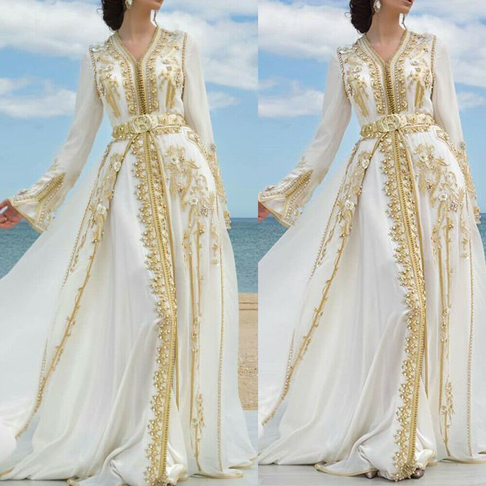 Luxury Arabic Muslim Evening Dresses A Line Chiffon Long Dubai Abaya Evening Gowns Prom Dresses With Sleeve Gold Applique Kaftan Party Gown