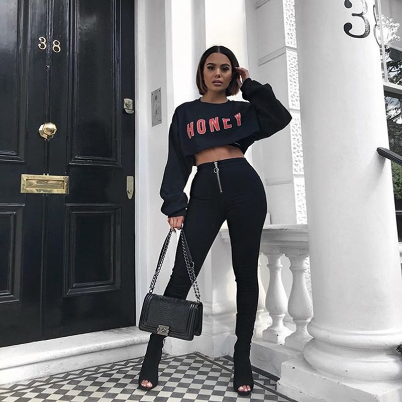 Fashion Black Long Sleeve Crop Top Women HONEY Letter Print Sexy Tee Ladies Autumn Pullover T Shirts Loose Hoodie Drop 200925