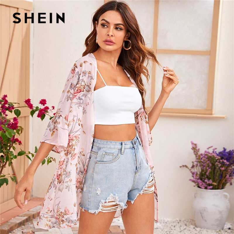 

SHEIN Flounce Sleeve Open Front Floral Print Chiffon Kimono Women Summer Longline Top Ladies Boho Sheer Kimonos, Pink