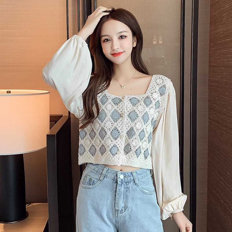 New style for autumn / winter 2020, net red lace knitted plaid sweater, women' loose, lantern long sleeve square collar top, Black
New style for autumn / winter 2020, net red lace knitted plaid sweater, women' loose, lantern long sleeve square collar top, Black