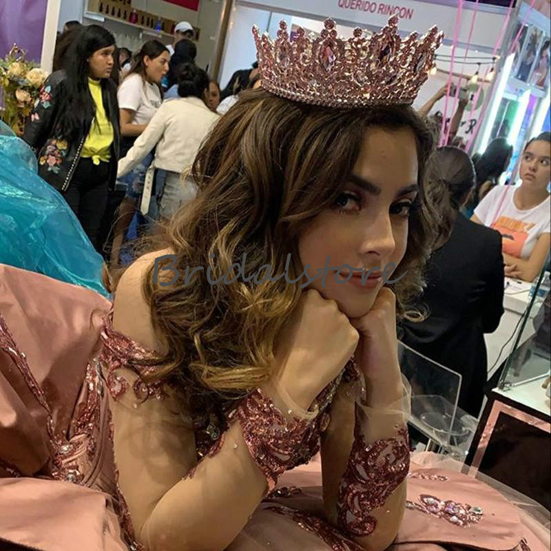 Elegant Blush Pink Quinceanera Dresses With Rose Gold Sequin Princess Off Shoulder Puffy Prom Dress 2020 Sweet 16 Organza Vestido De 15 anos