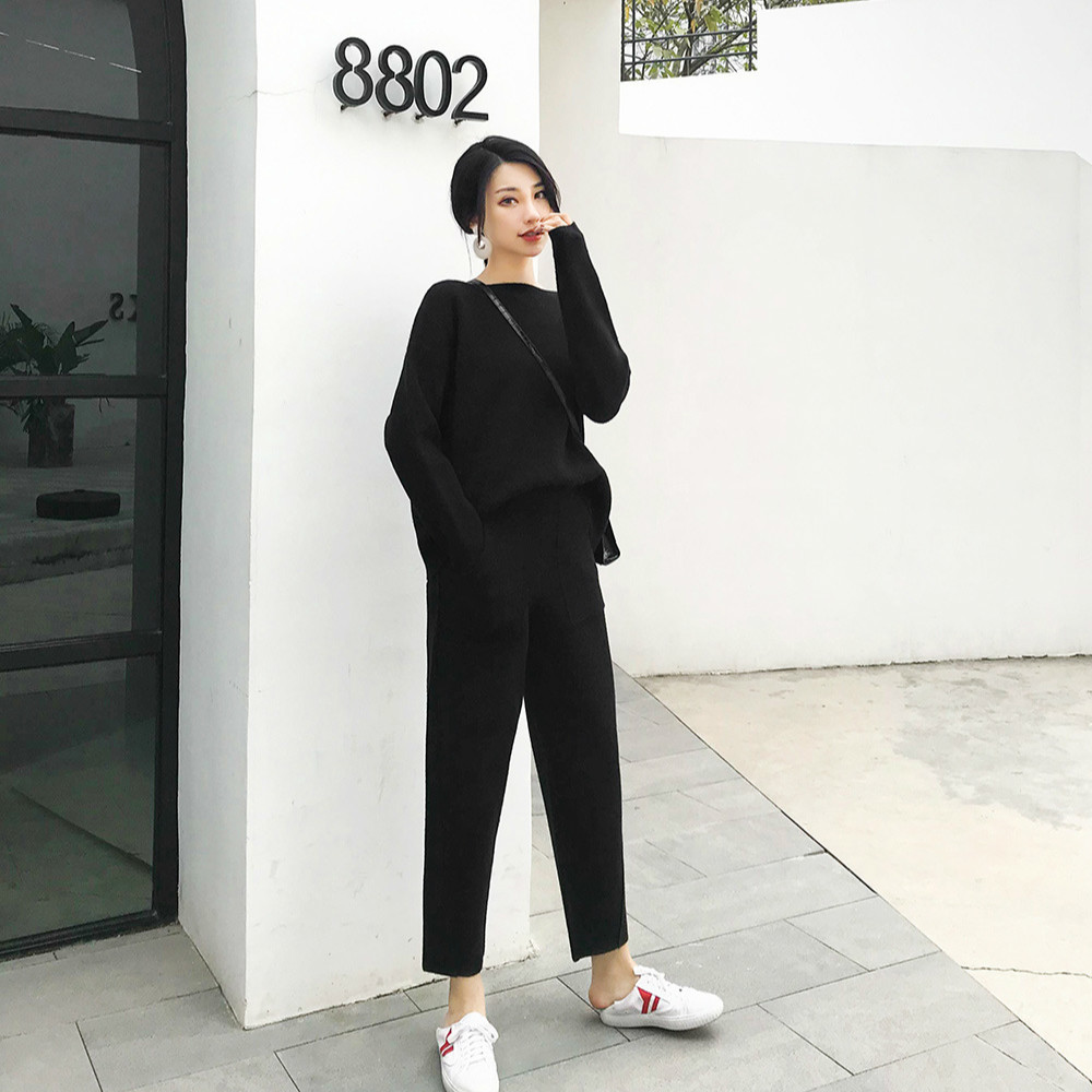 Women Autumn Winter Knitted Sweater 2 Two Piece Set Casual Tracksuit Round Collar Jumpers with High Waist Wide Leg Pants T200916