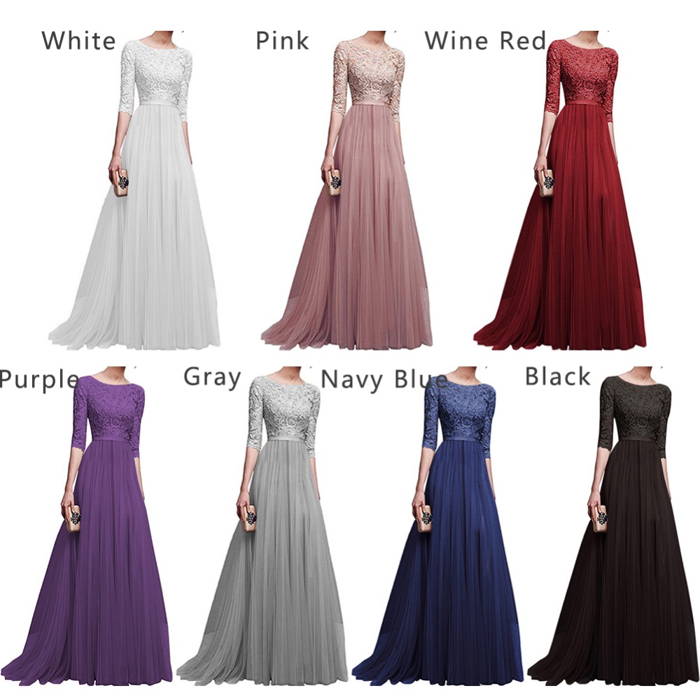 Womens Lace Long Bridesmaid Dress Ladies Elegant Chiffon Maxi Dress Female Short Sleeves Dresses Formal Wedding Dresses
