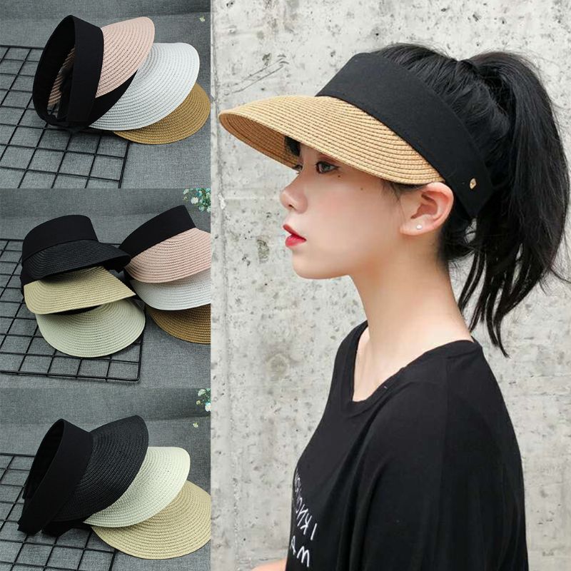 Women Girls Summer Straw Weave Sun Visor Hat Empty Top Contrast Color Wide Brim UV Protection Adjusted Portable Peaked Beach Cap
Women Girls Summer Straw Weave Sun Visor Hat Empty Top Contrast Color Wide Brim UV Protection Adjusted Portable Peaked Beach Cap