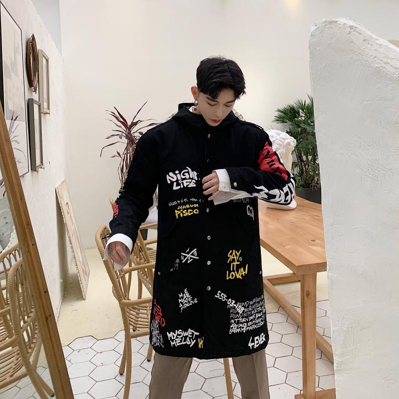 Letter Print Jacket and Graffiti Trench Coat for Mens Hip Hop Fall Clothing Harajuku Fashion Long Overcoat with Hood Windbreaker