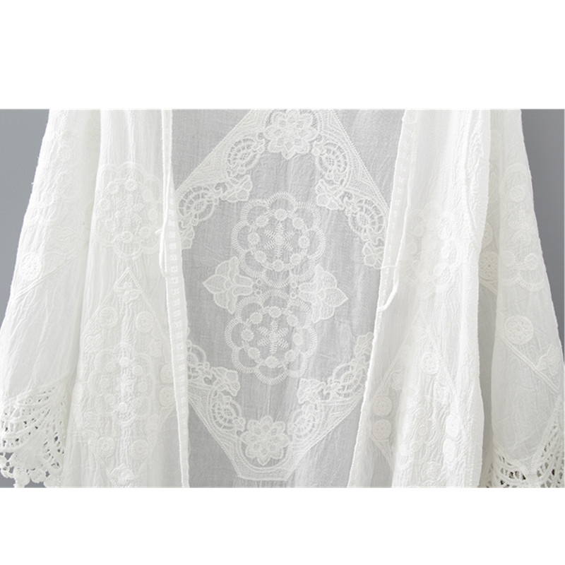 Women's Knits & Tees Qiukichonson Women Summer Cardigan White 2021 Bohemian Sweet Ladies Lace Cardigans Long V-Neck Hollow Out Crochet Embro