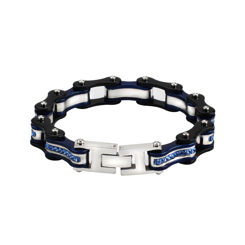 Mens Bicycle Bracelet Chain 316L Stainless Steel Blue Black Motorcycle Bike Bracelets Setting Blue Crystal Customizable Logo
Mens Bicycle Bracelet Chain 316L Stainless Steel Blue Black Motorcycle Bike Bracelets Setting Blue Crystal Customizable Logo