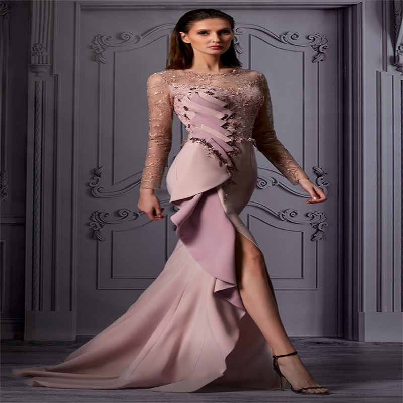 sexy sidesplit evening dresses newest long sleeves lace beads appliqued formal party dress ruched satin sweep train custom made prom dress