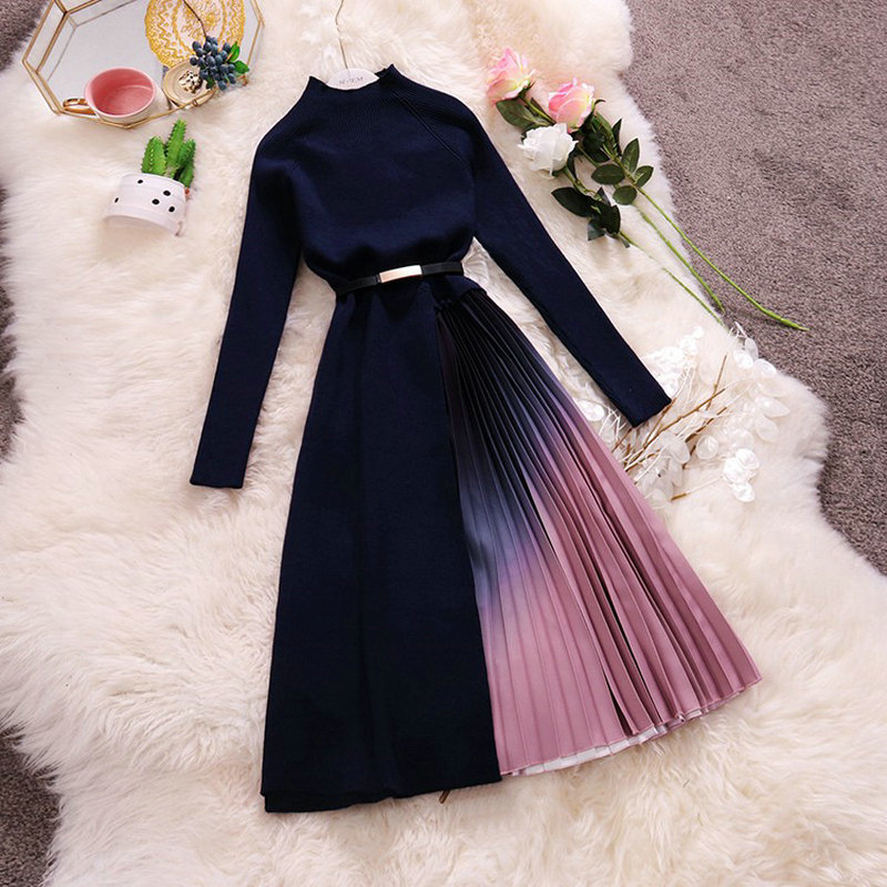 HISUMA autumn winter new women o-neck long sleeve knitted with chiffon pleated fairy dress female chic elegant sweater dresses T200911