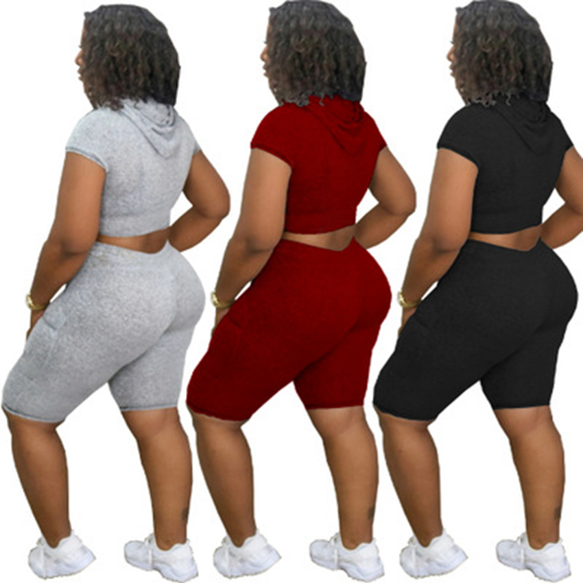 Trend Spot Tracksuits European and American Fashion Pure Color Hooded Casual Comfortable Short Sleeve Pocket Set