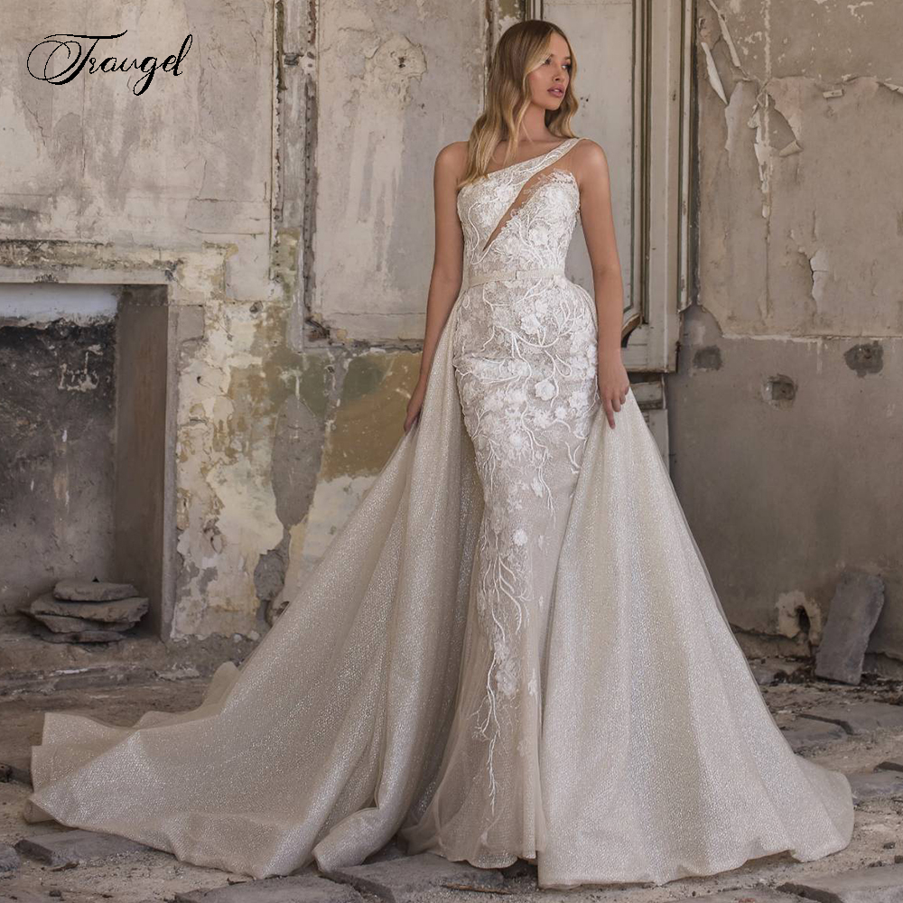 Traugel One Shoulder Mermaid 2 IN 1 Wedding Dresses Glitter Appliques Sleeveless Lace Bride Dresses Detachable Train Bridal Gown, Picture color
Traugel One Shoulder Mermaid 2 IN 1 Wedding Dresses Glitter Appliques Sleeveless Lace Bride Dresses Detachable Train Bridal Gown, Picture color
