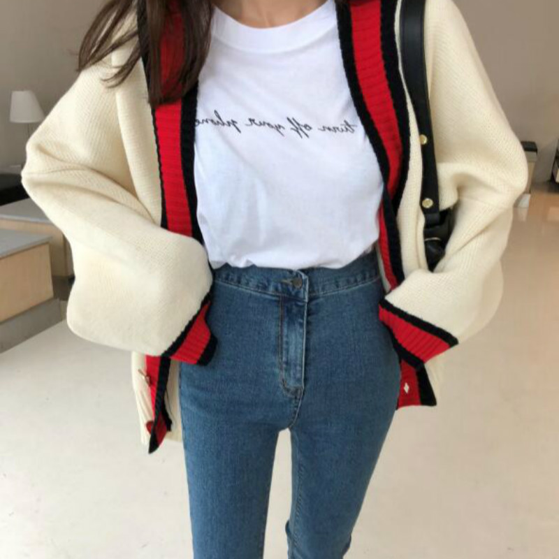 Women Autumn V-Neck Patchwork Sweater Coat Jacket Loose Plus Size Long Sleeve Button Up Knitted Cardigan 201221