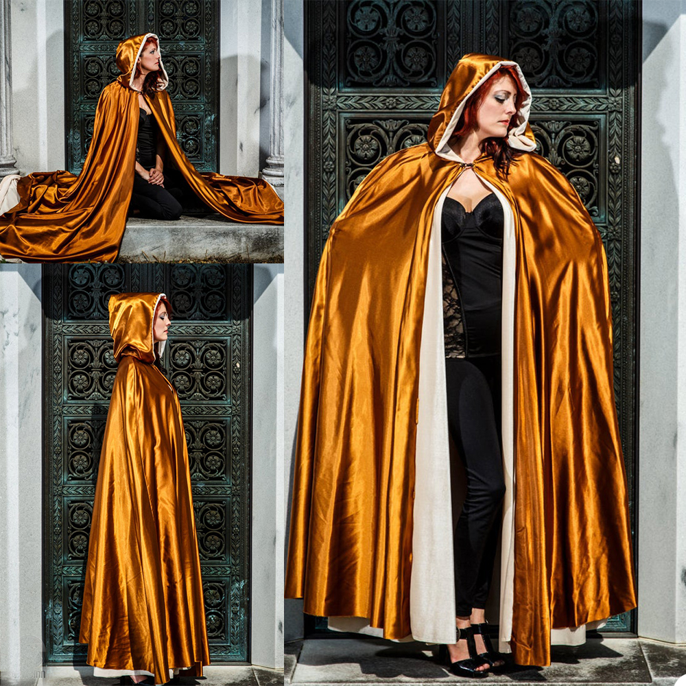Gold Long Hooded Cloaks Winter Wedding Capes Wicca Robe Warm Hallowmas Christmas Evening Party Prom Jacket