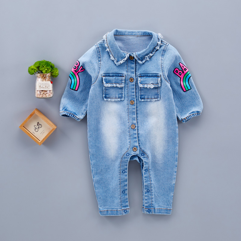 Spring Baby Toddler Long Sleeve Lapel Collar Denim Jeans Giraffe Rainbow Pattern Rompers Kids Infant Jumpsuits roupas de bebe LY083