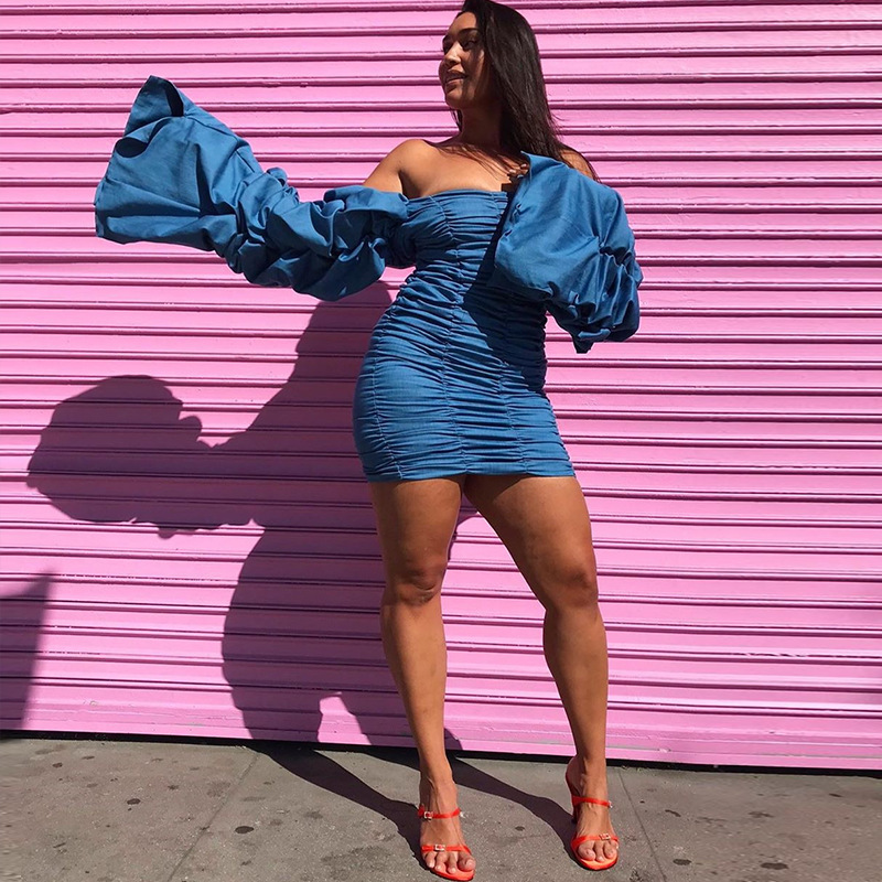 BOOFEENAA Kyliejenner Sexy Party Dress Autumn Winter Celebrity Off Shoulder Pleated Bell Long Sleeve Bodycon Dresses - T200911