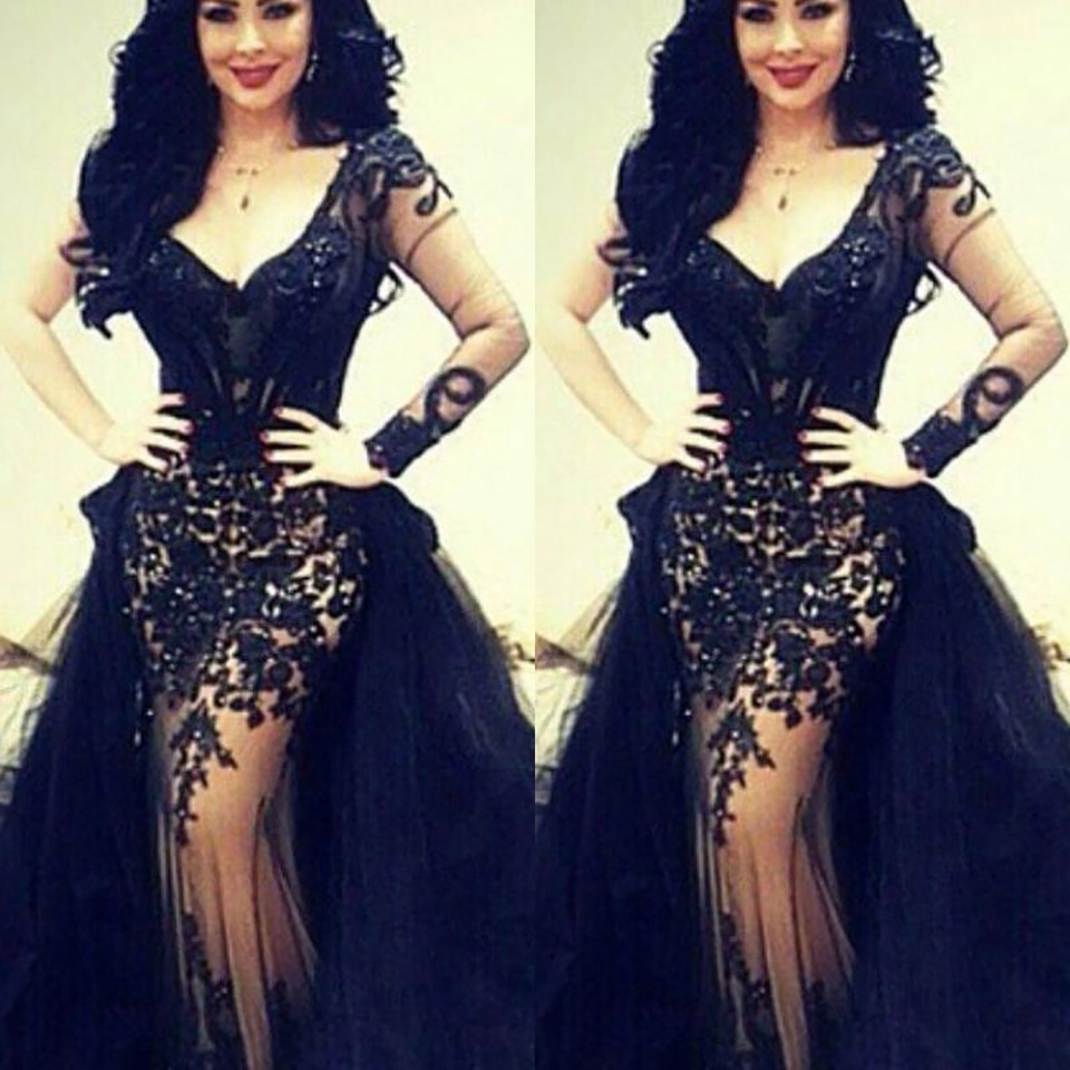 2021 Black Lace Mermaid Prom Dresses With Detachable Train Pearls Beads Illusion One Sleeve Appliques Women Formal Evening Gowns Custom Made Special P