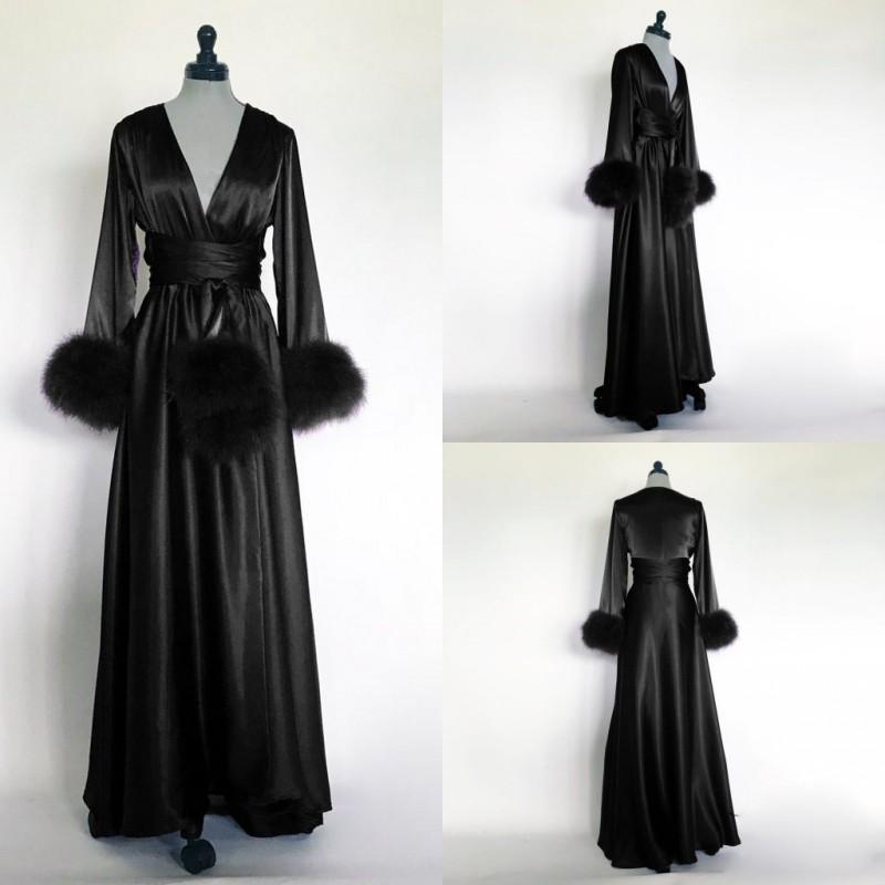 Black Women Bathrobe Nightgown Silk Satin Sleepwear Bridal Robe Bridesmaid Bride Gowns Fur Winter Kimono Pregnant Dress