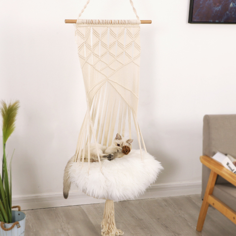 Update Cat Swing Hammock Boho Style Cage Bed Handmade Hanging Sleep Chair Seats Tassel Cats Toy Play Cotton Rope Pets House