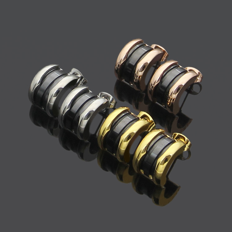 Europe America Style Lady Women Titanium Steel B Initials C-shape Black White Ceramic Spiral Stud Earrings 3 Color