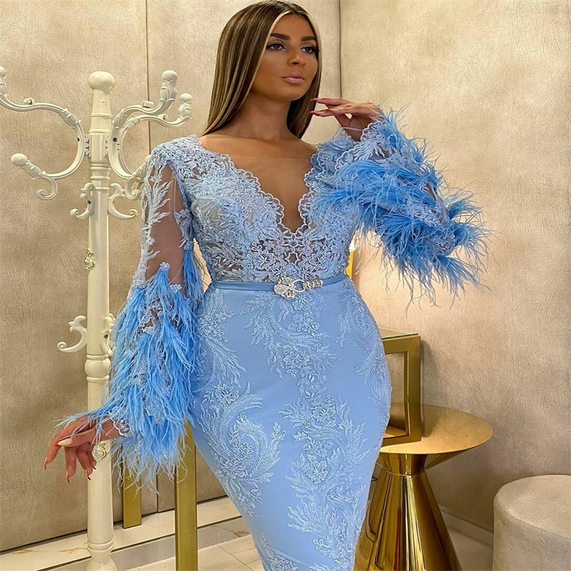 luxury blue evening dresses feather appliqued lace sexy sheer long sleeves mermaid formal dress anklelength custom made cheap prom dress