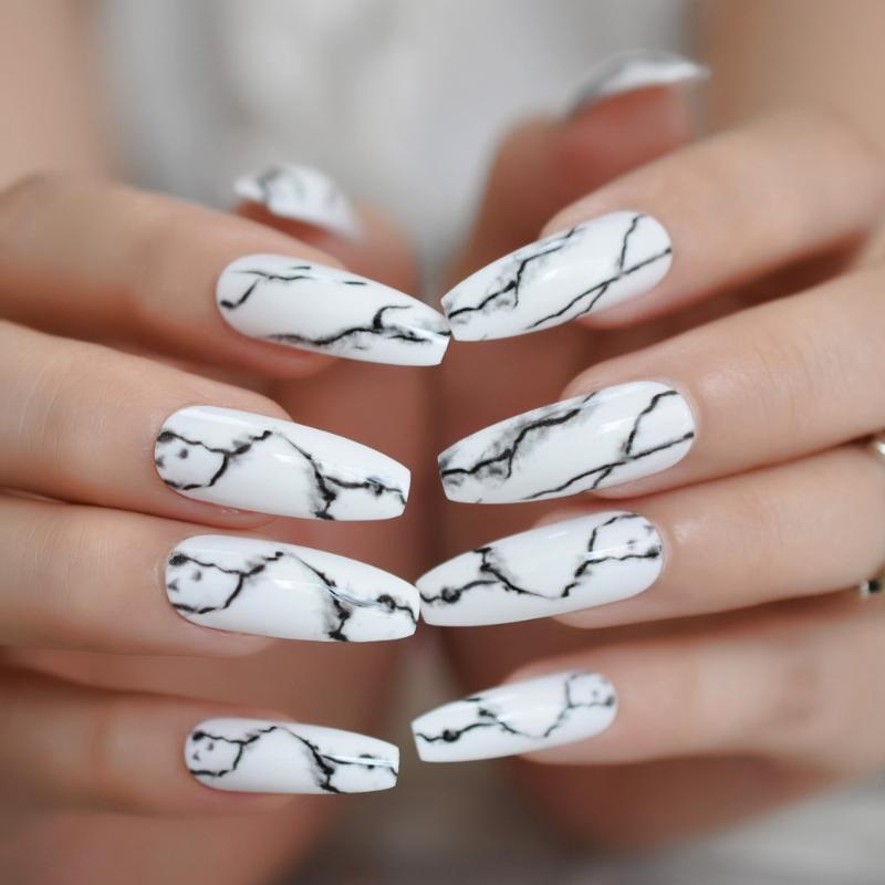 Handmade Marble Nails White Long Salon Coffin Nails Black Stone seam Shine Fake Ballerina Shape with Glue stickers, L5106
Handmade Marble Nails White Long Salon Coffin Nails Black Stone seam Shine Fake Ballerina Shape with Glue stickers, L5106