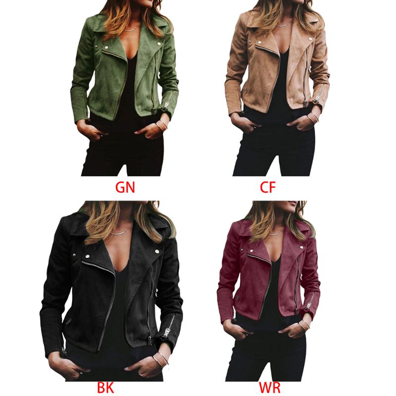 Womens Plus Size Long Sleeve Short Coat Faux Suede Lapel Motorcycle Biker Jacket Y1AC