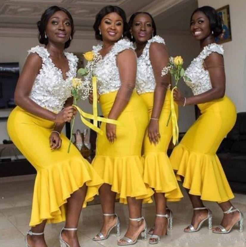 Yellow Lace African Applique Plus Size Mermaid Bridesmaid Dresses V Neck Drapped Maid of Honor Dress Wedding Party Gowns Robes De Soire