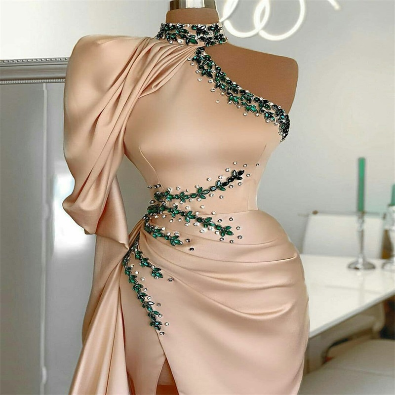 Sexy High-split Prom Dresses High-neck Beads Appliqued Evening Dress Sweep Train Pink Gorgeous Special Occasion Dresses Custom Made