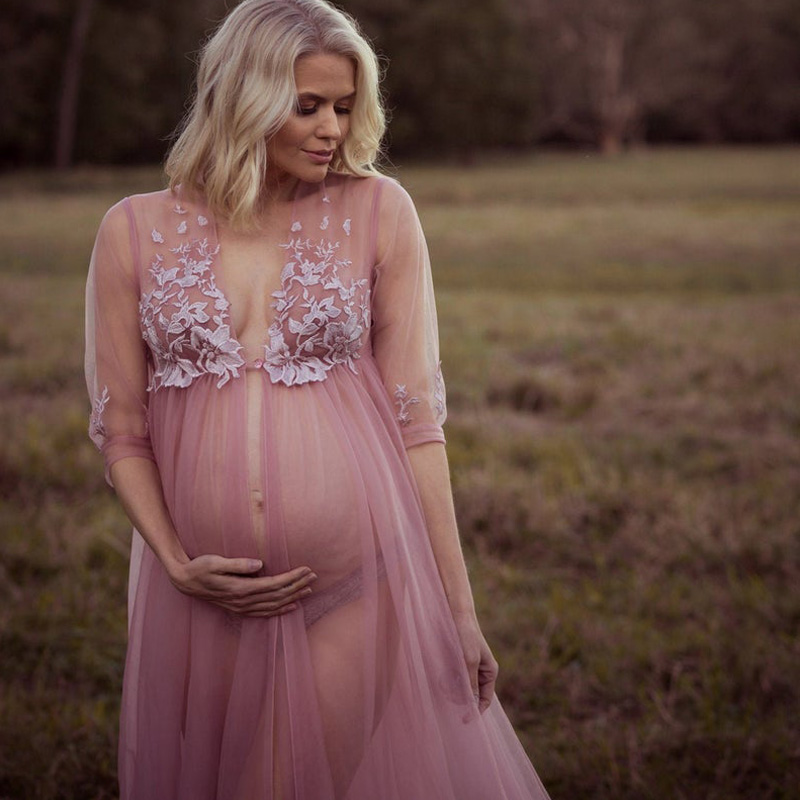 Pink Illusion Tiereds Ruffles Tulle Long Sleeve Plus Size Appliques Kimono Pregnant Party Sleepwear Women Bathrobe Sheer Nightgown Robe