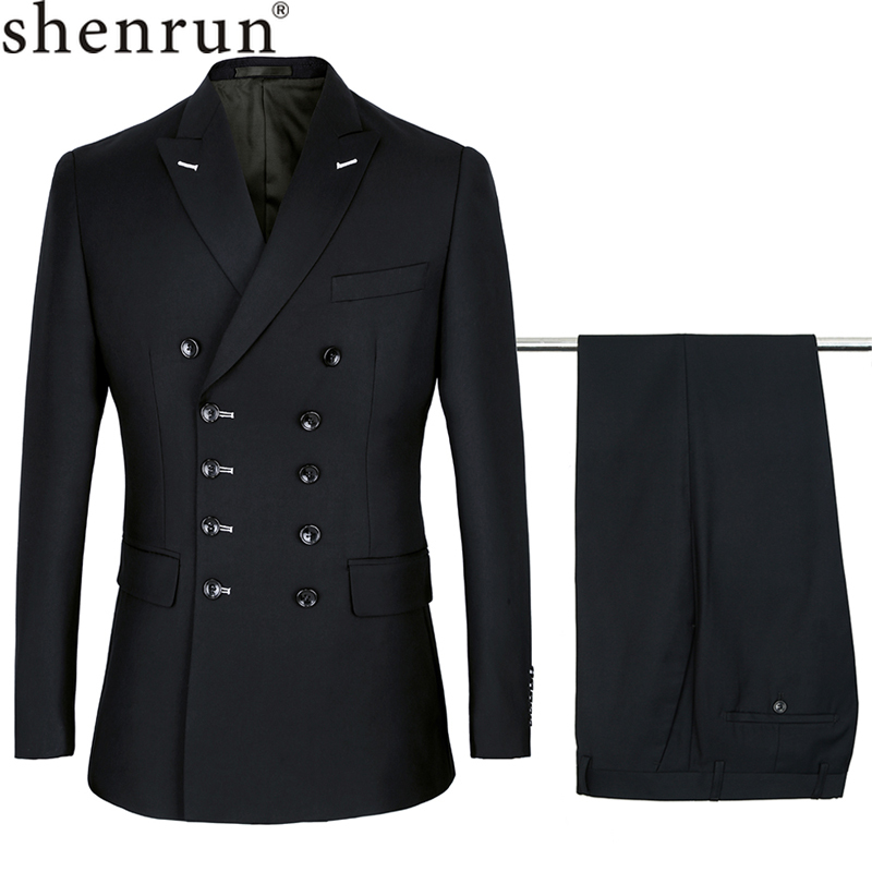 Shenrun Men Suits Slim Fit New Fashion Suit Double Breasted Peak Lapel Navy Blue Black Wedding Groom Party Prom Skinny Costume 200922