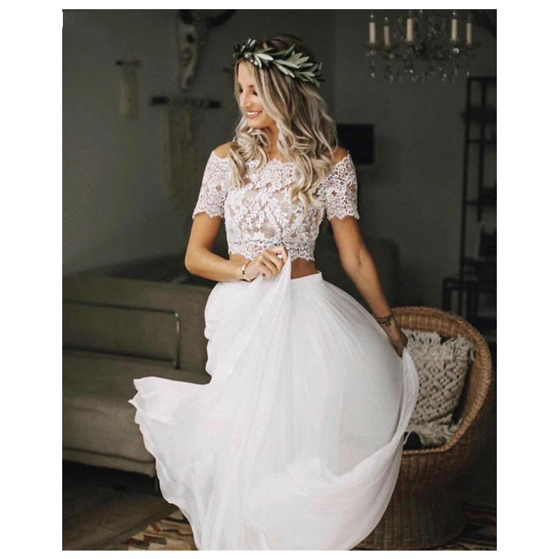 Romantic Two Piece Boho White Wedding Dresses Boat Neck Short Sleeves Cheap Lace Chiffon Bohemian Beach Bridal Gowns Vestidos de noiva