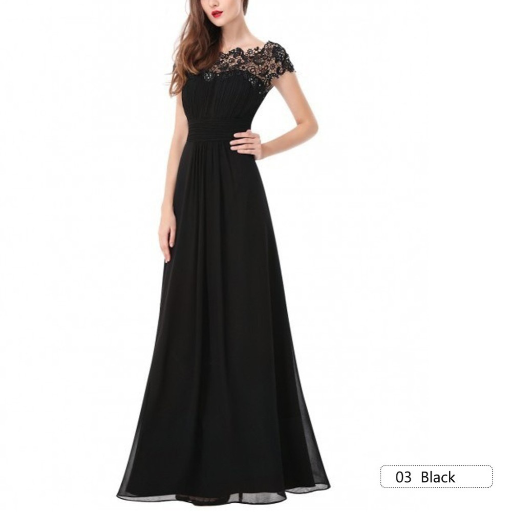 Elegant Evening Dresses New Free Shipping Black Lace Open Back Ruched Bust cap sleeve long chiffon robe de soiree