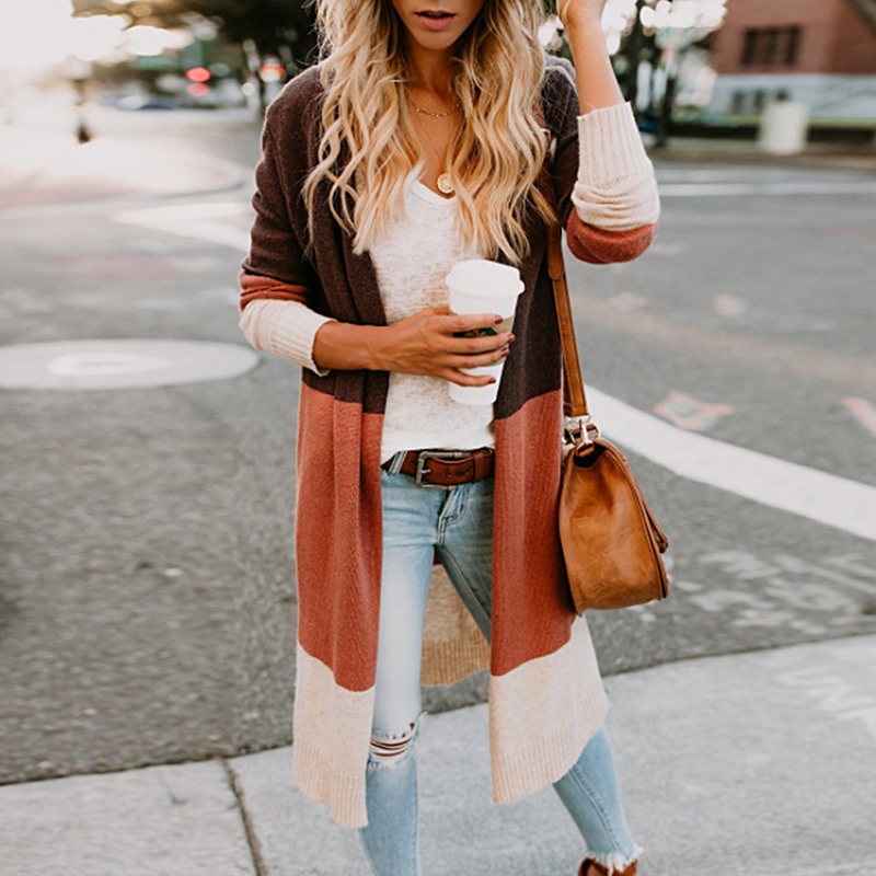 Women Casual Cardigan Autumn Long Sleeve Patchwork Sweaters Colorblock Long Mujer Women Jumper Open Front Loose Cardigan Y200819