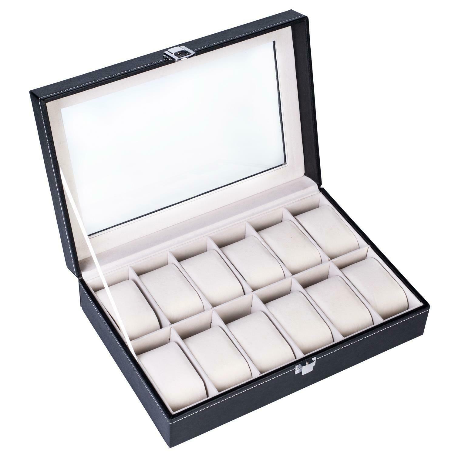 12 Slot Leather Wrist Watch Box Display Case Holder Glass Top Jewelry Storage, Black
12 Slot Leather Wrist Watch Box Display Case Holder Glass Top Jewelry Storage, Black