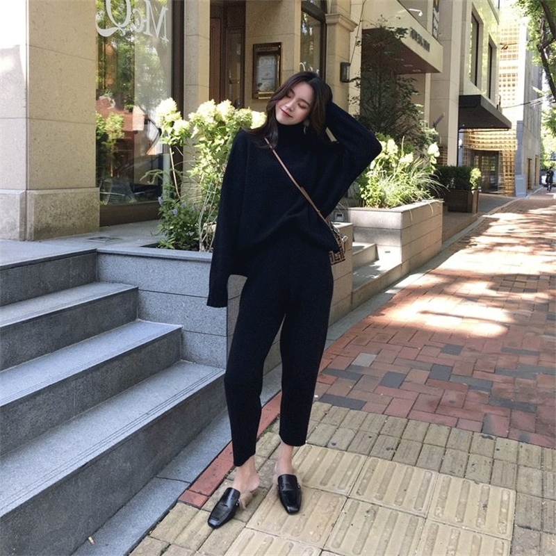 Women's Knitted Suits Autumn Winter Knitted Pants+Loose Thick Turtleneck Sweaters Wide Leg Pants Trousers Two-piece Set T200916