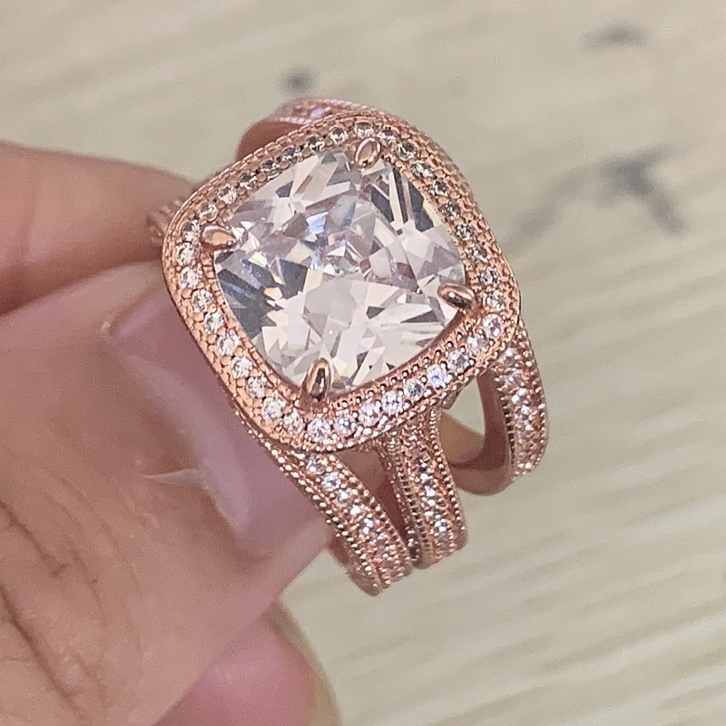 2020 New Arrival Stunning Luxury Jewelry 925 Sterling Silver&Rose Gold Full Cushion Shape White Topaz CZ Diamond 3PCS Women Wedding Ring