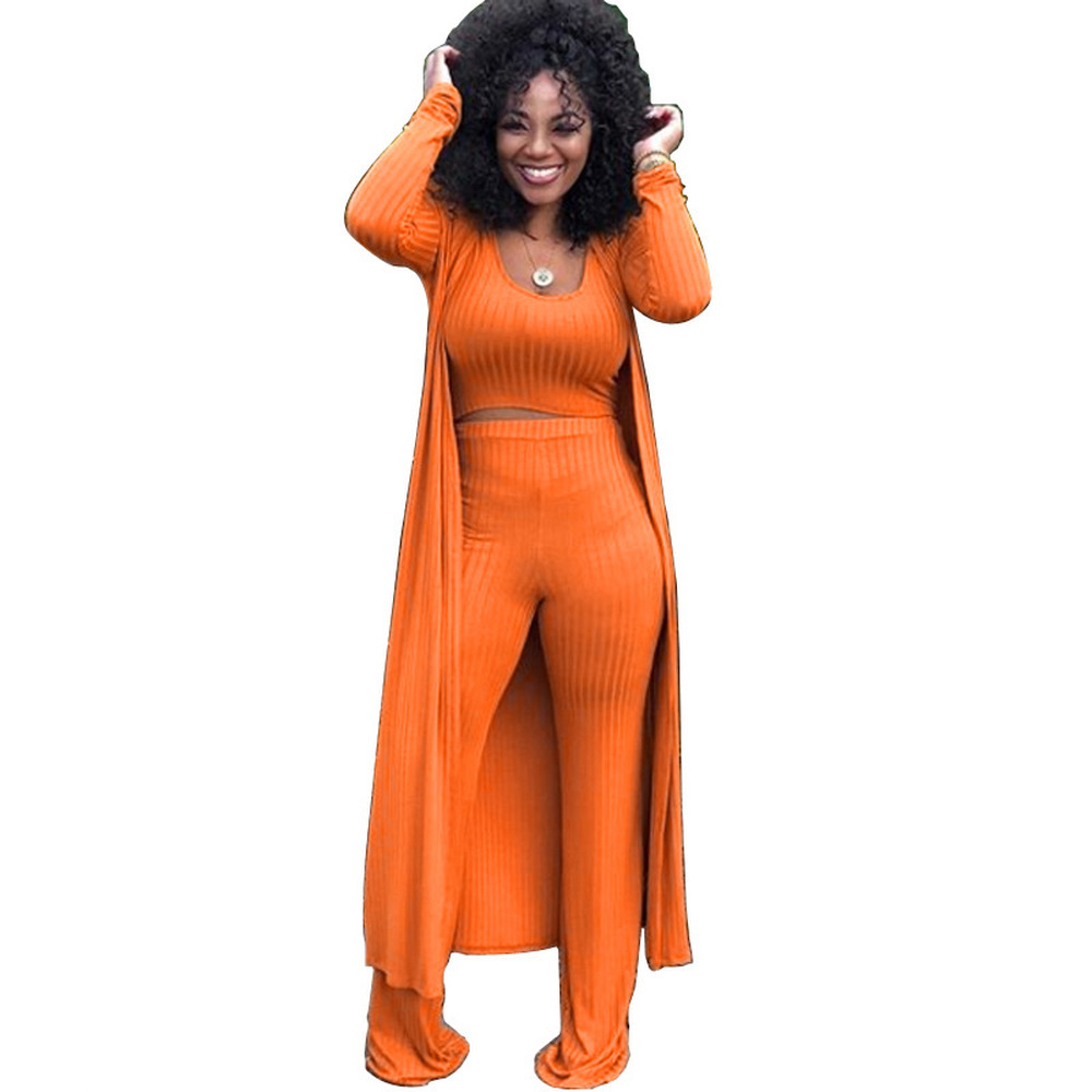 Autumn Winter 3 Piece Matching Set Women Tank Crop Top+Pencil Pant+Maxi Open Stitch Sweatsuits Casual Ribbed Three Piece Outfits T200917