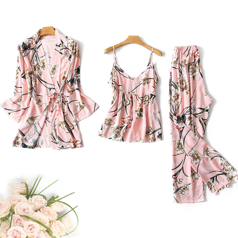 Women Pajamas Sets Sleepwear Sexy Lingeries Floral Printed Pajamas Robe for Ladies Night Suit Spring Autumn Homewear Pijamas 200919