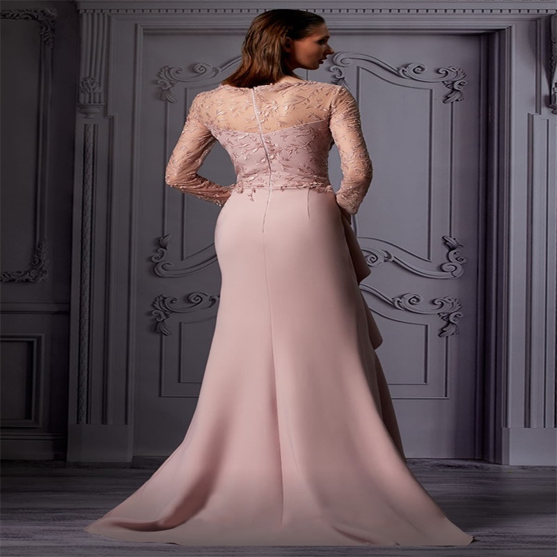 sexy sidesplit evening dresses newest long sleeves lace beads appliqued formal party dress ruched satin sweep train custom made prom dress