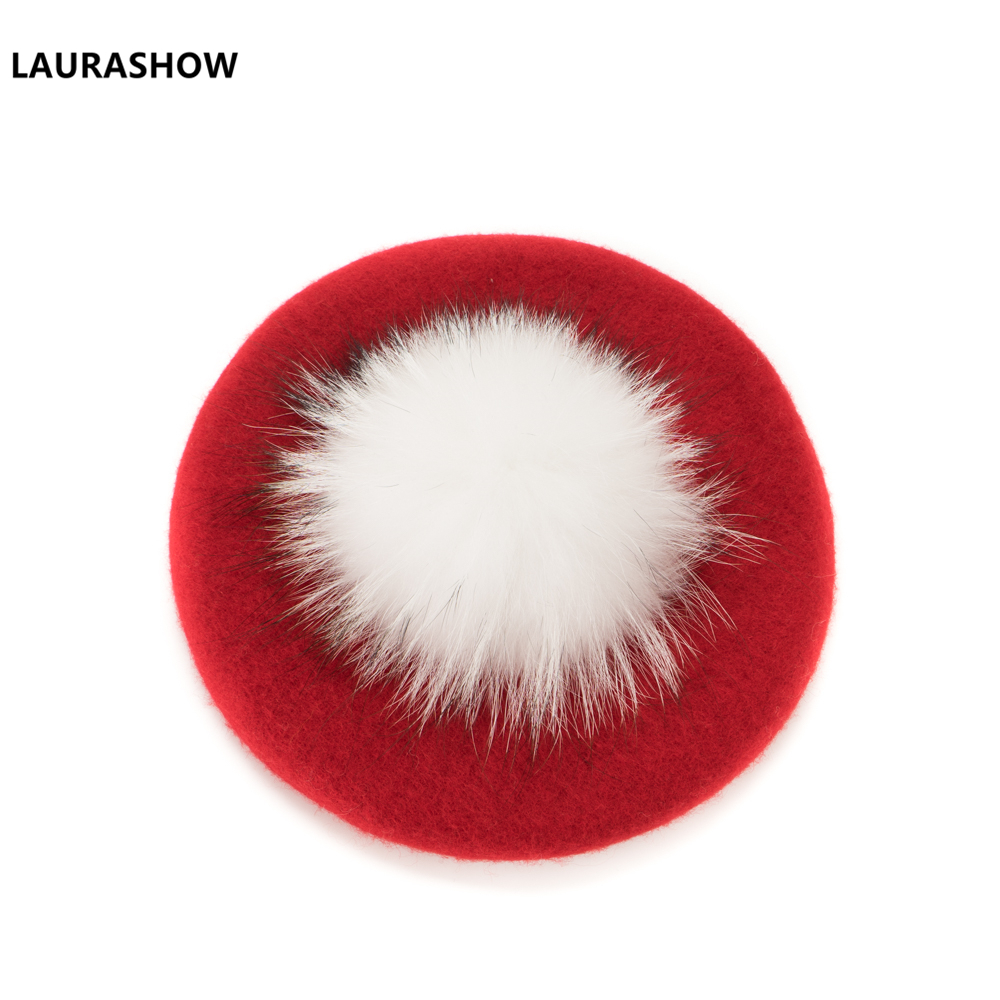 Laurashow Baby Beret Warm Wool Winter Beanie Hat With Real Fur Ball Pom Poms Girl Vintage Plain Kids Beret Hats Parent-child Cap LJ200917