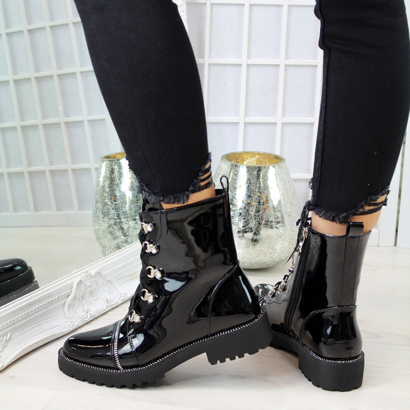 Women Motorcycle Boots Autumn Fashion Patent PU Round Toe Lace-up Combat Shoes women shoes Ladies Snow Office Boots dropshipping 200916