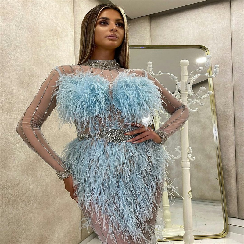 Luxury Blue Evening Dresses Sexy Illusion High Neck Long Sleeves Feather Sequins Appliqued Formal Party Dress Sweep Train Mermaid Prom Dress